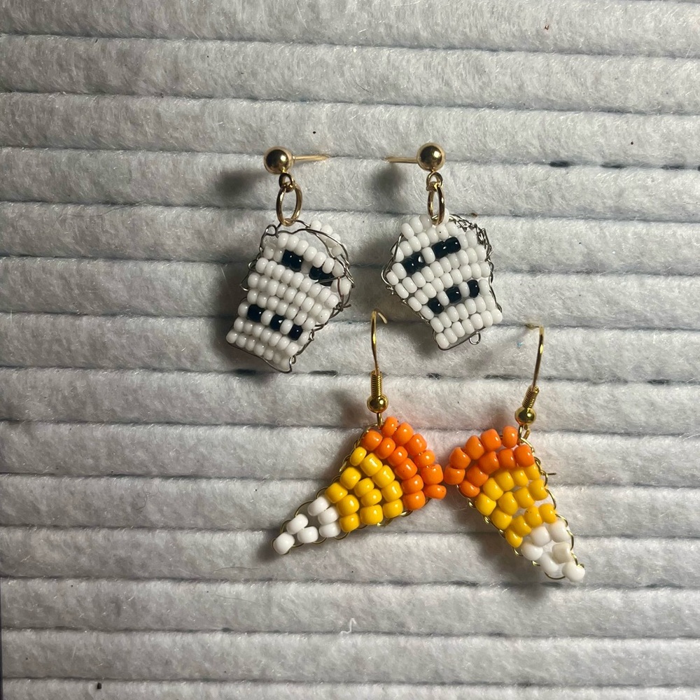 Festive Set of Skull and Candy Corn Beaded Earrings